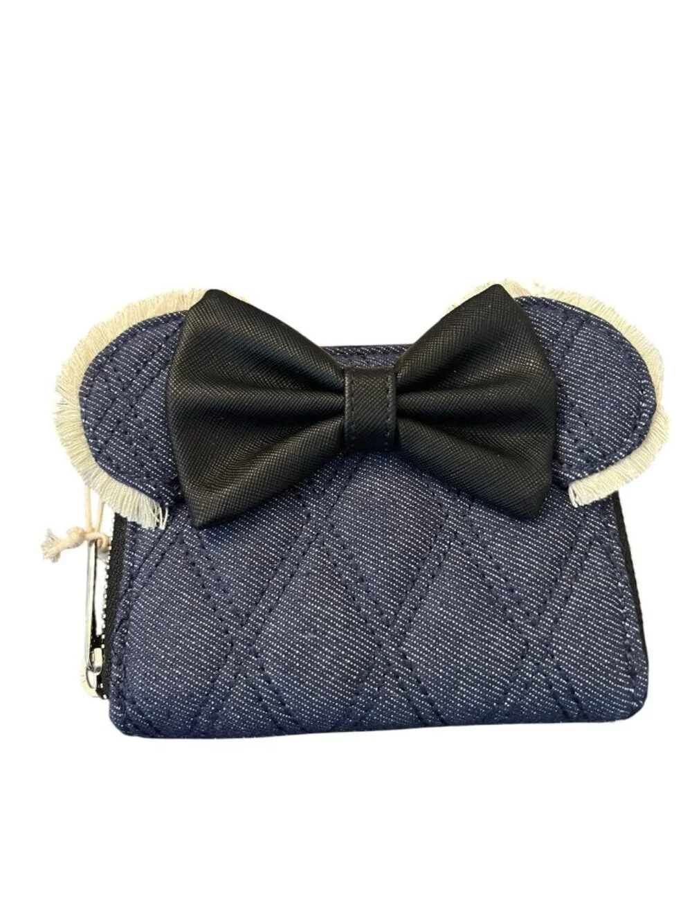 Loungefly Disney Minnie Mouse Blue Denim Quilted Zip Wallet Fringe Bow NWT